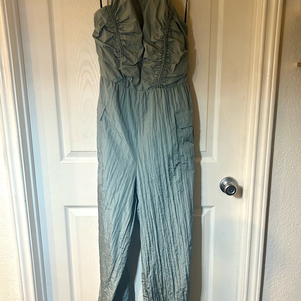 BNWT - Forever 21 Steely Aqua Halter Neck Ruched Windbreaker Jumpsuit